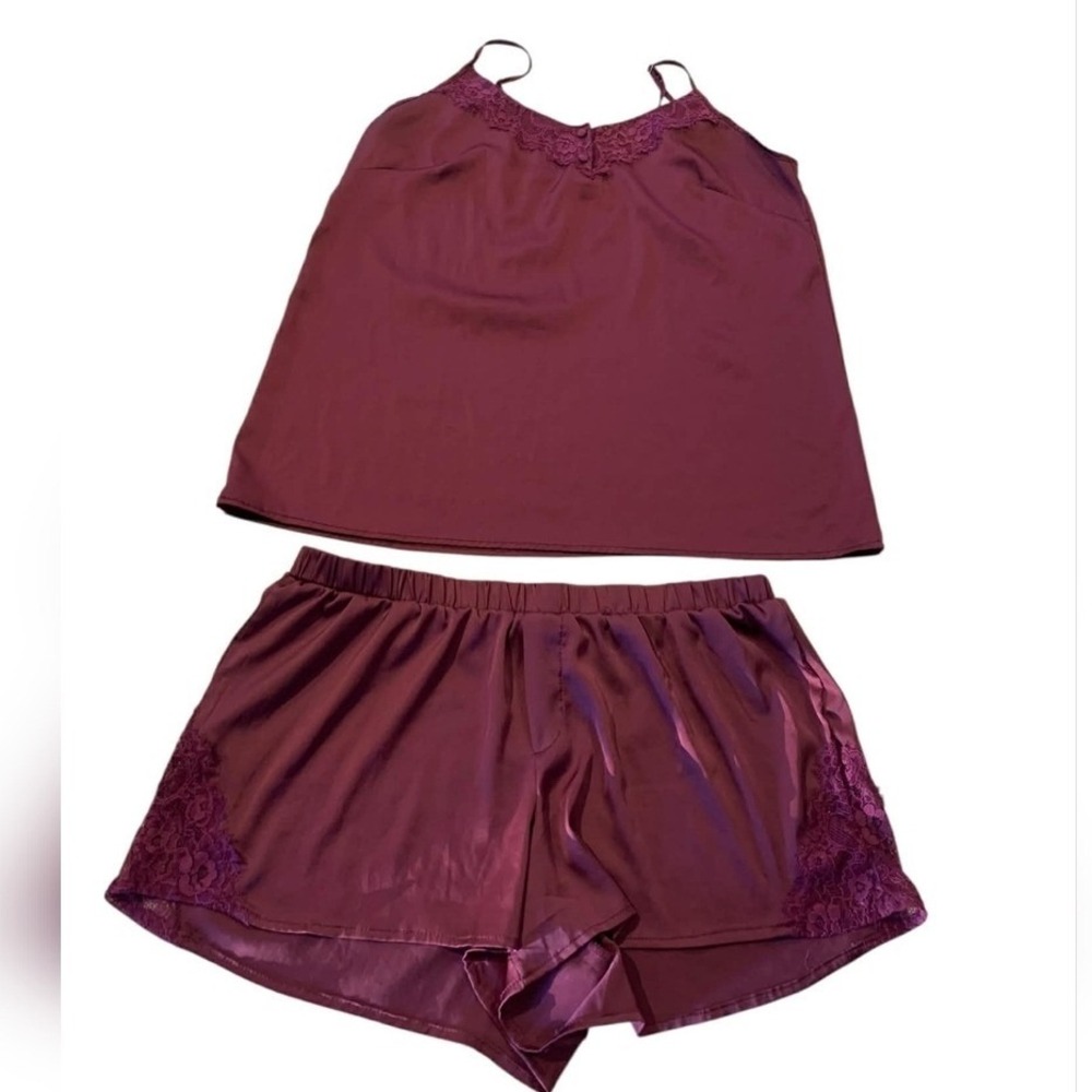 iCollection Pajama Set M Burgundy Lace Trim Satin Cami Shorts Coquette Feminine